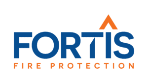 Fortis fire protection logo in blue and orange text with orange arrow