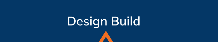 Blue head with white text that says Design build with an orange arrow in the bottom center