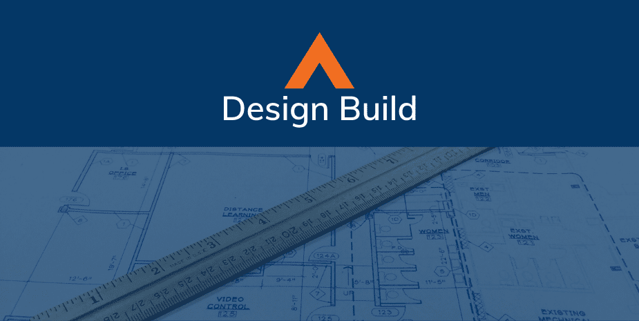 schematics with a blue overlay and blue header that says design build in white text