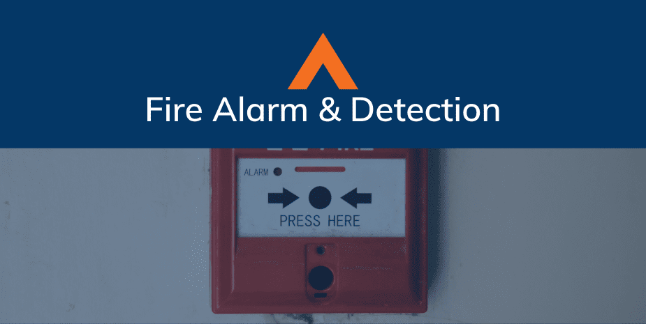 photo of fire alarm with a blue overlay and blue header that says fire alarm and detection in white text