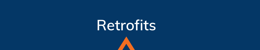 Blue head with white text that says Retrofits with an orange arrow in the bottom center