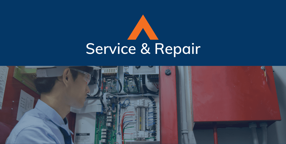 photo of circuit board with a blue overlay and blue header that says service and repair in white text