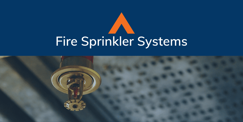 photo of fire sprinkler with a blue overlay and blue header that says fire sprinkler systems in white text