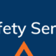 Blue head with white text that says life safety services with an orange arrow in the bottom center