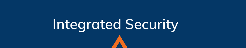 Blue head with white text that says Integrated security with an orange arrow in the bottom center