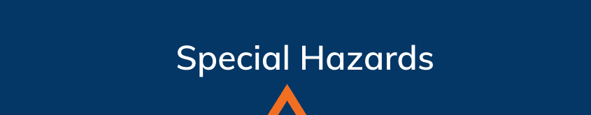 Blue head with white text that says Special hazards with an orange arrow in the bottom center