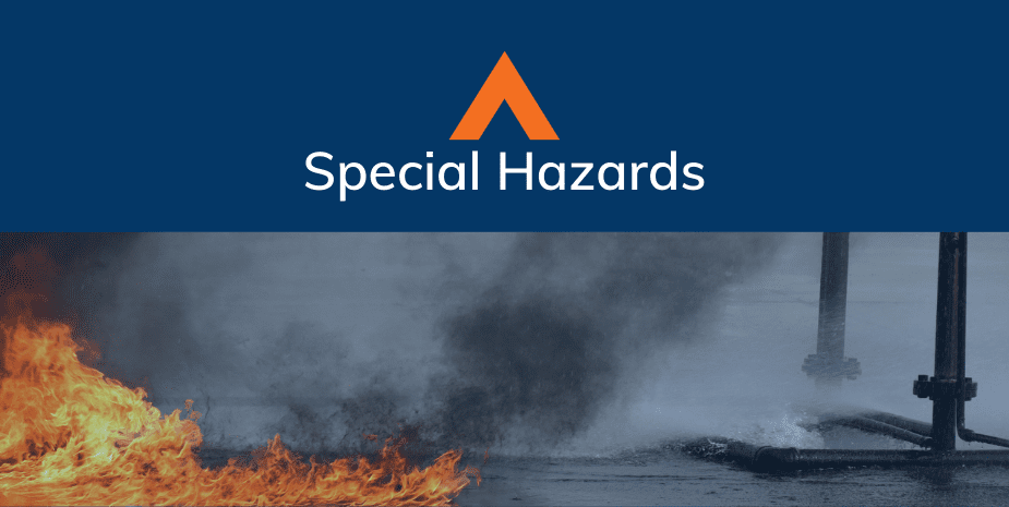 photo of fire with a blue overlay and blue header that says special hazards in white text