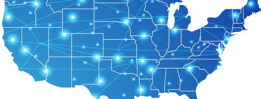 Blue US map with glowing dots and connecting lines