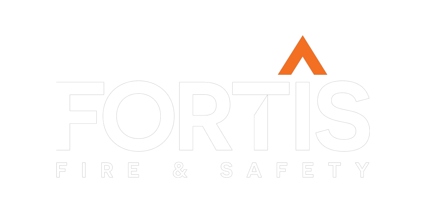 Fortis logo in white with an orange arrow brand mark